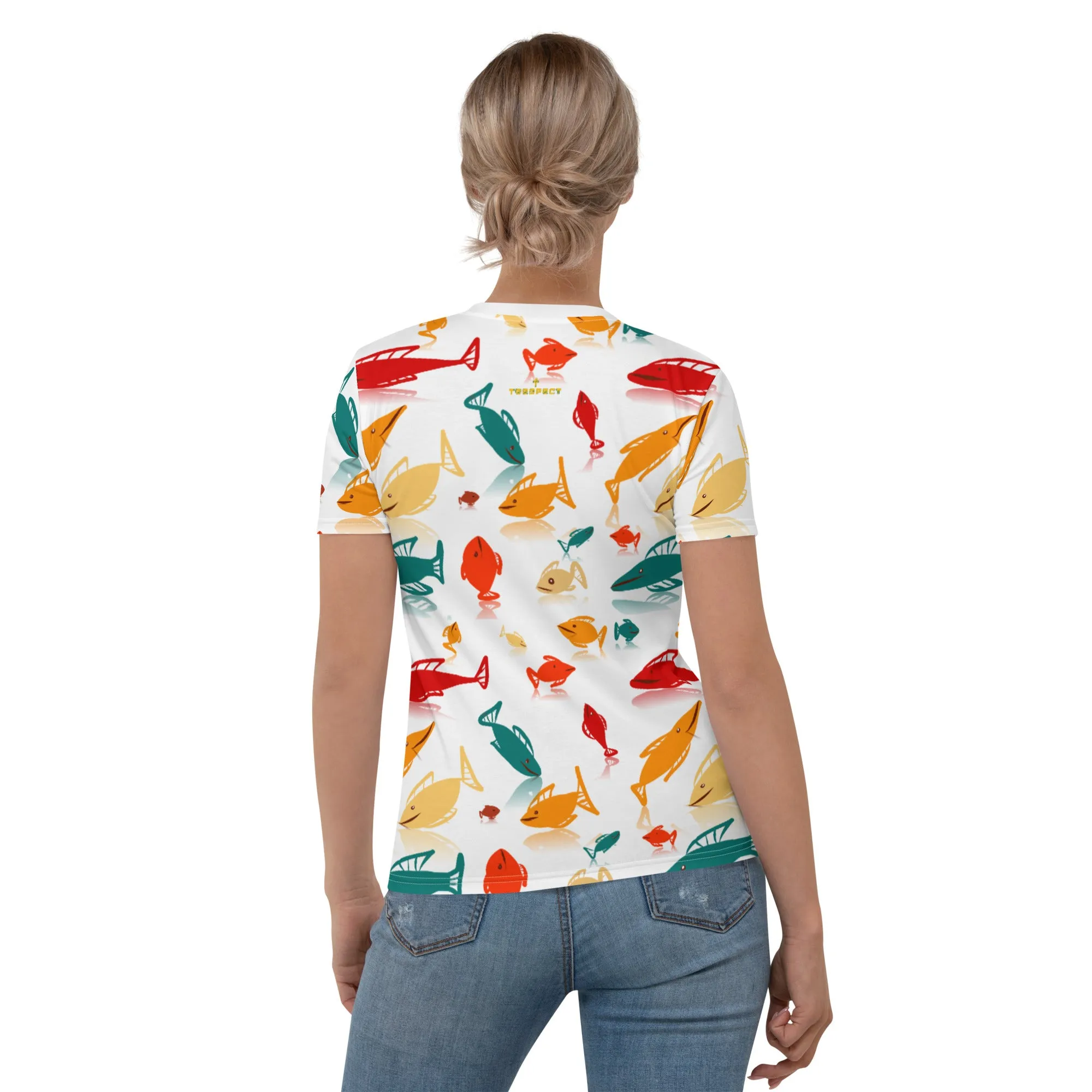 Multi-Color Fish Mania Women's Crew Neck White T-Shirt