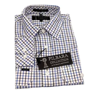 Pilbara Mens Check Dual Pocket L/S Shirt Navy/Royal/White