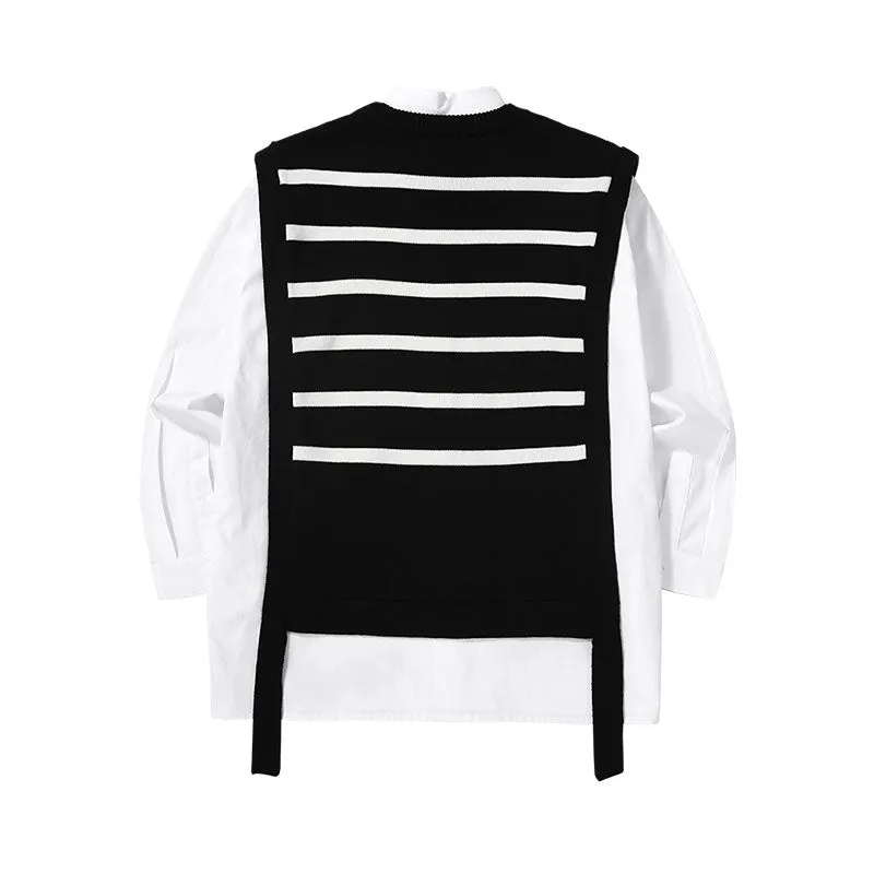 Preppy two-piece sweater shirt with striped ribbon in black and white