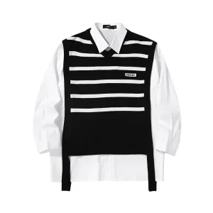 Preppy two-piece sweater shirt with striped ribbon in black and white