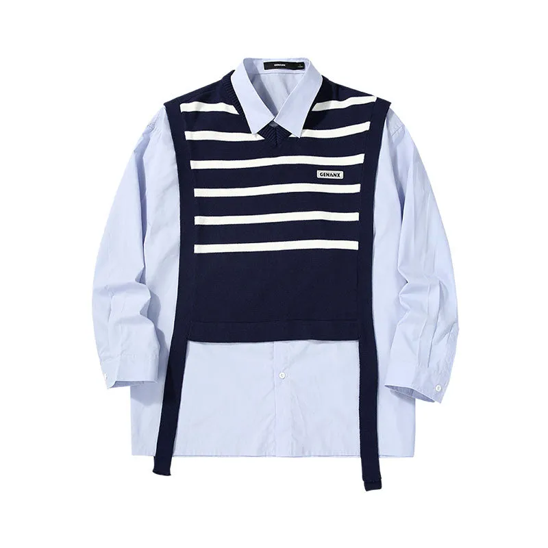 Preppy two-piece sweater shirt with striped ribbon in black and white