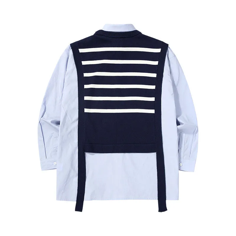 Preppy two-piece sweater shirt with striped ribbon in black and white