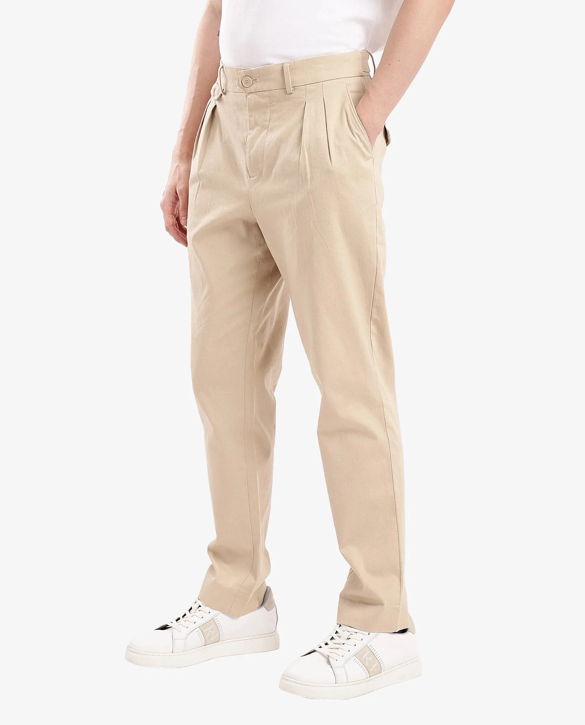 Rare Rabbit Men's Torro Beige Cotton Fabric Solid Regular Fit Relaxed Pleated Trouser