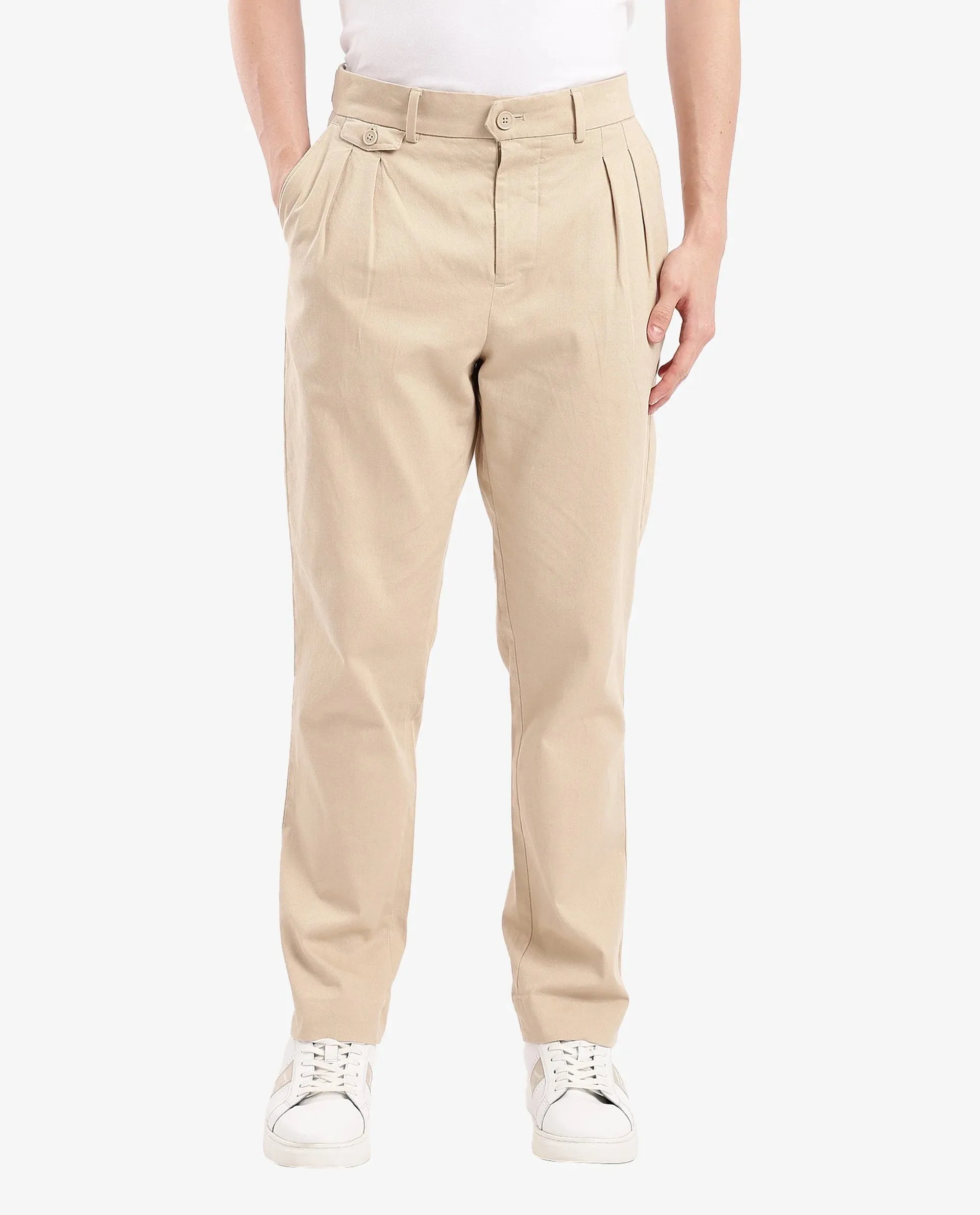 Rare Rabbit Men's Torro Beige Cotton Fabric Solid Regular Fit Relaxed Pleated Trouser