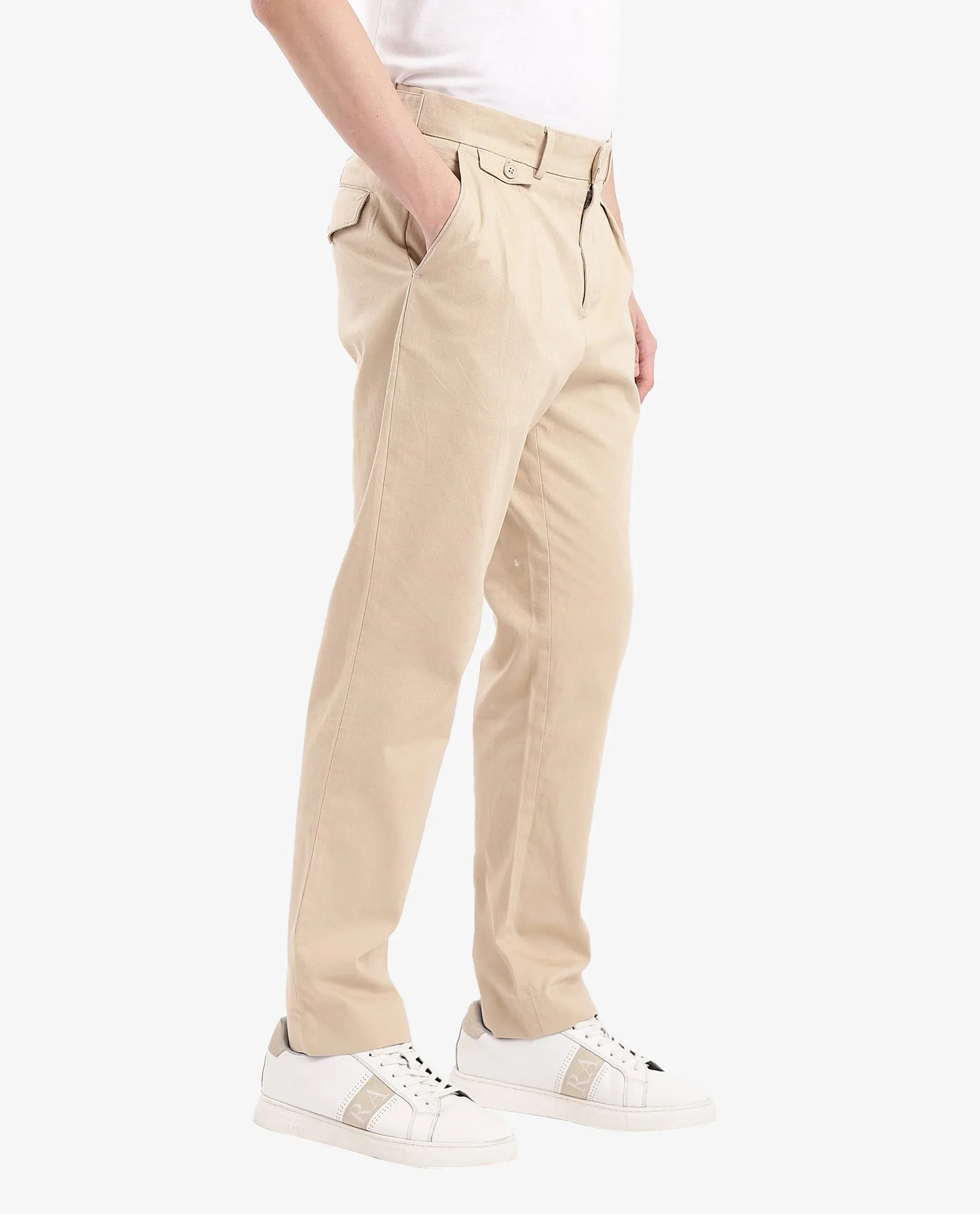 Rare Rabbit Men's Torro Beige Cotton Fabric Solid Regular Fit Relaxed Pleated Trouser