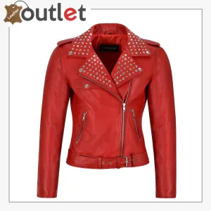 Red Studded Rock Chic Biker Motorcycle Style Leather Jacket