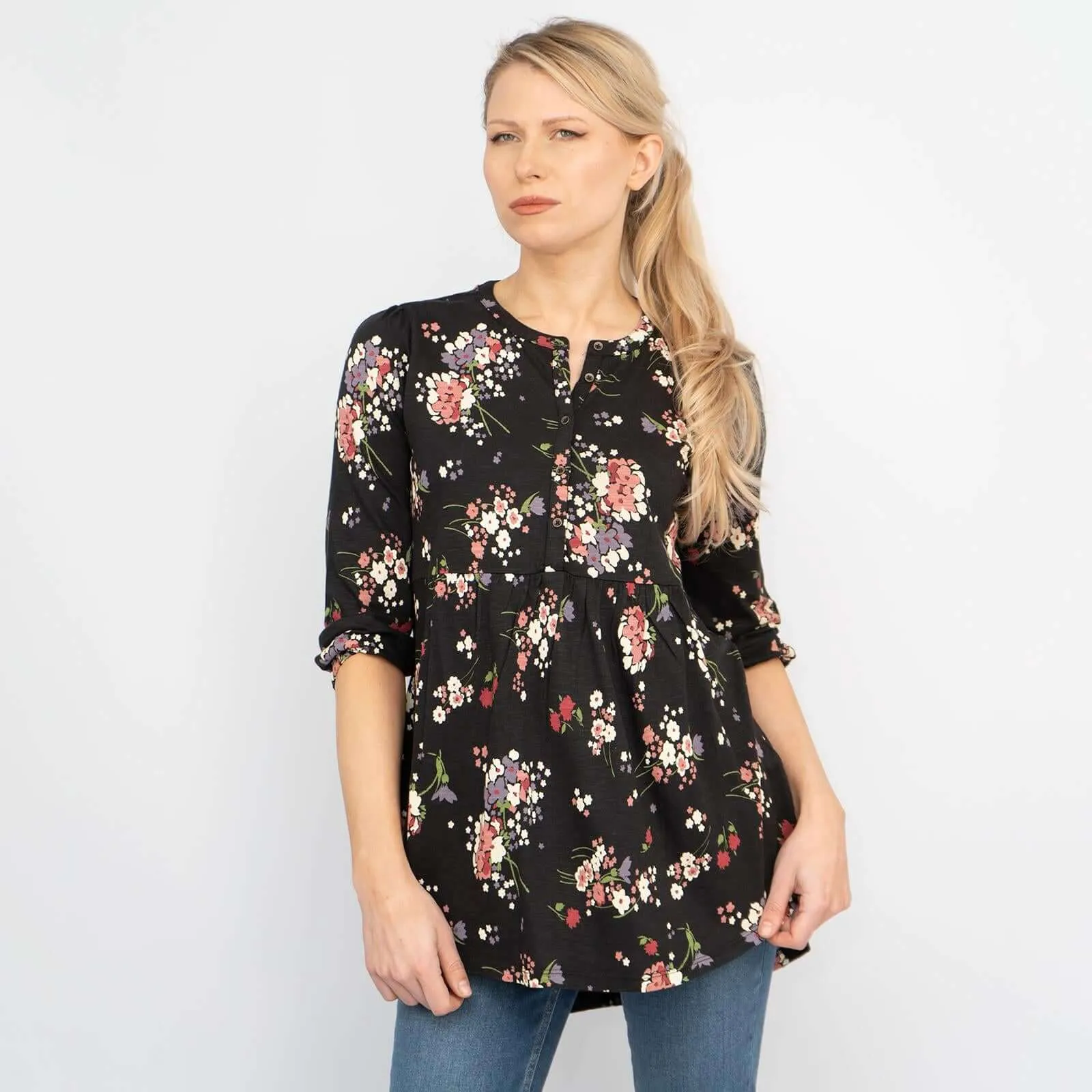 Tabitha 3/4 Sleeve Black Floral Jersey Tops