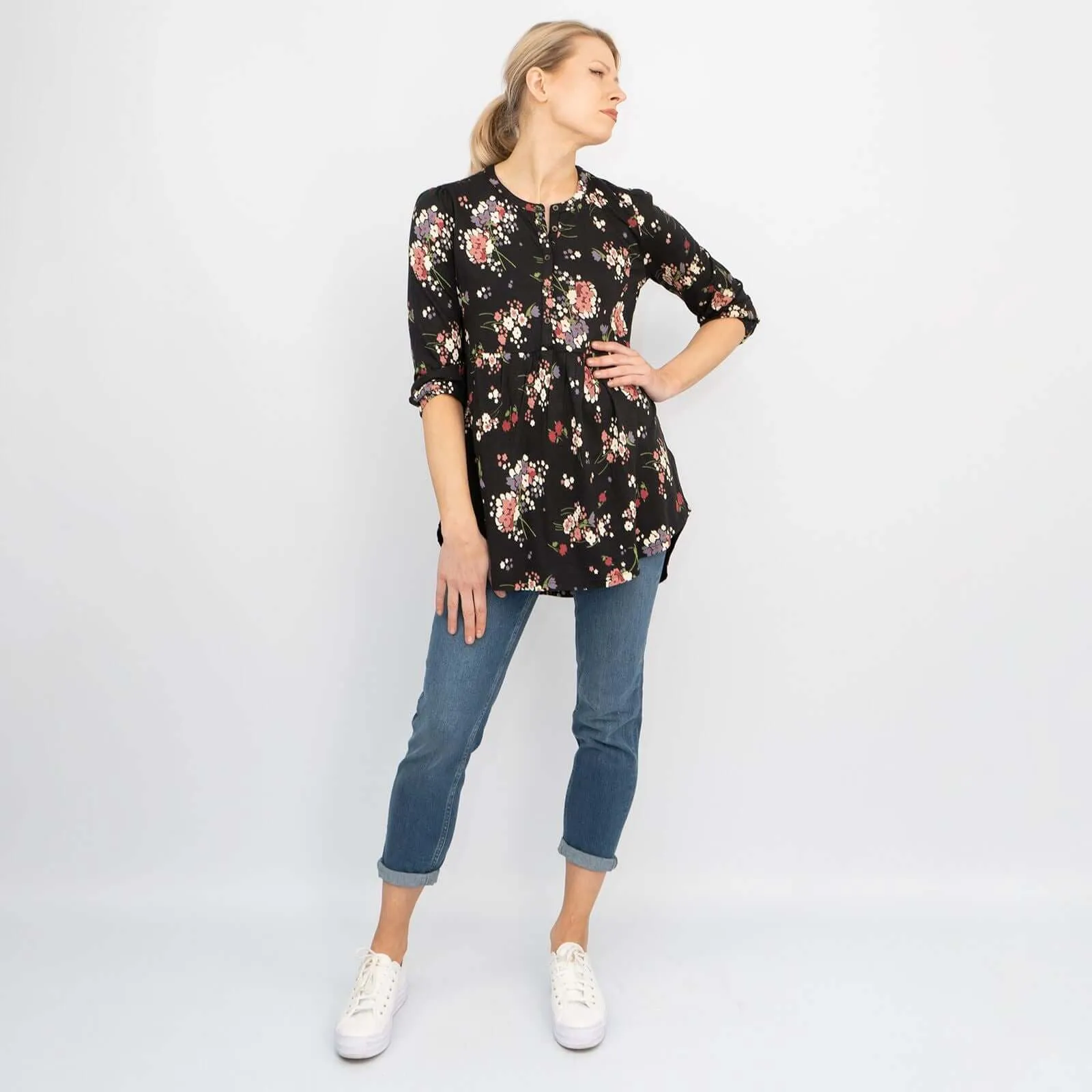 Tabitha 3/4 Sleeve Black Floral Jersey Tops