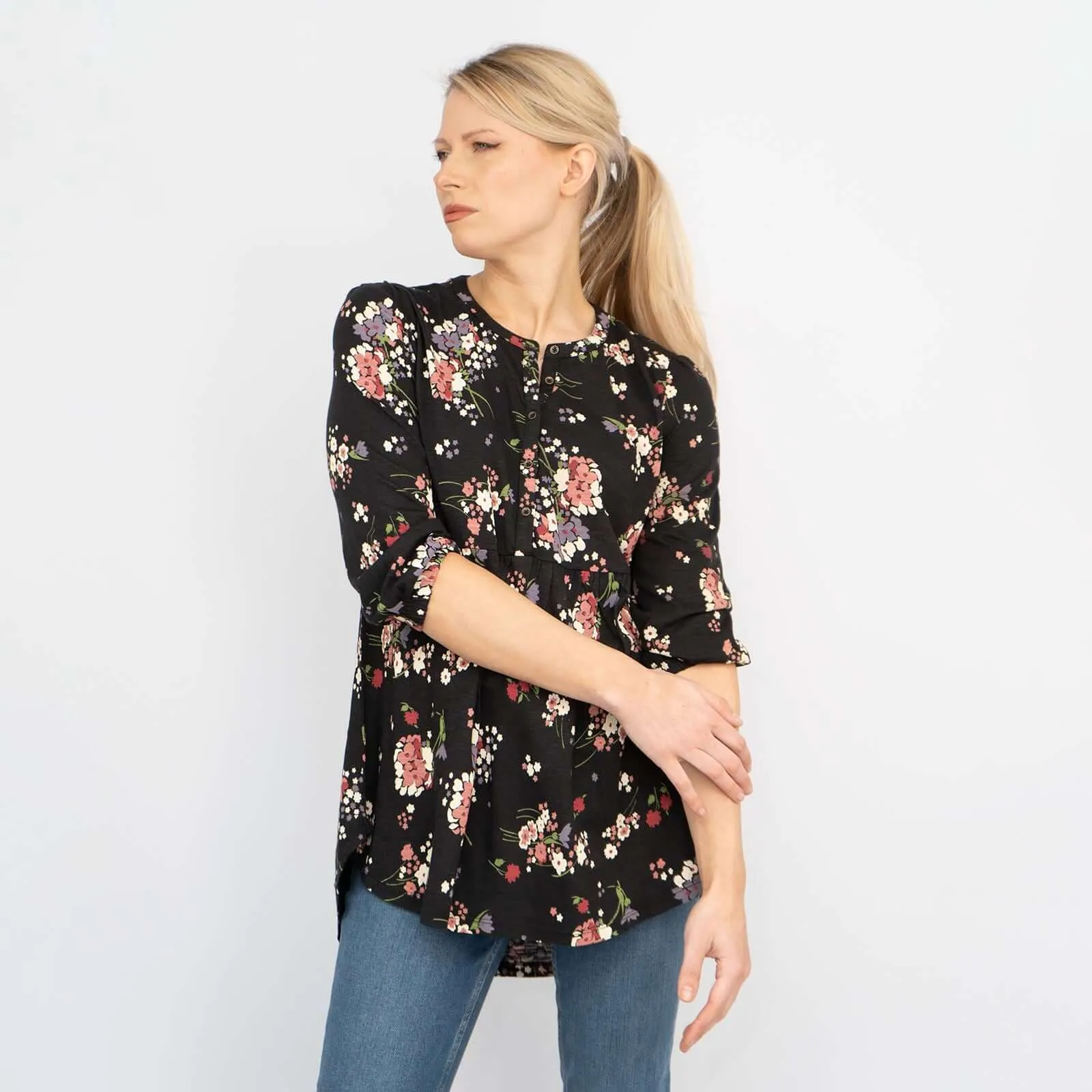 Tabitha 3/4 Sleeve Black Floral Jersey Tops