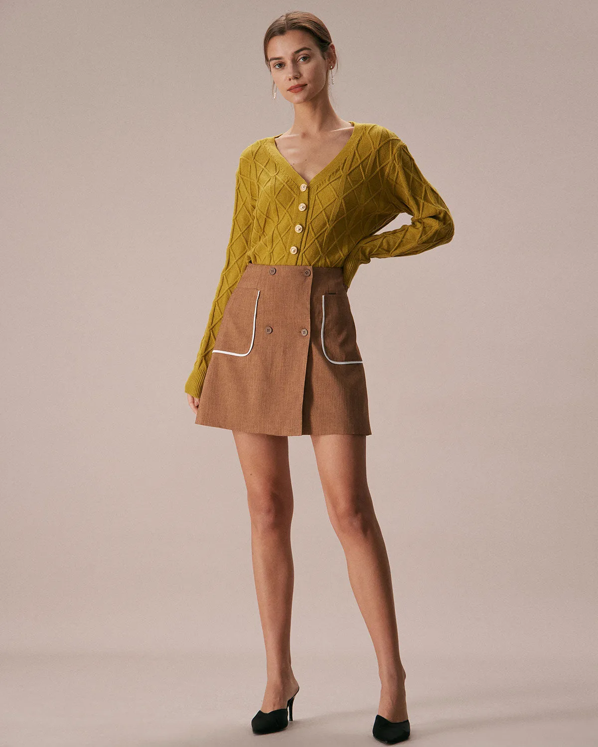 The Khaki Contrast Trim Button Mini Skirt