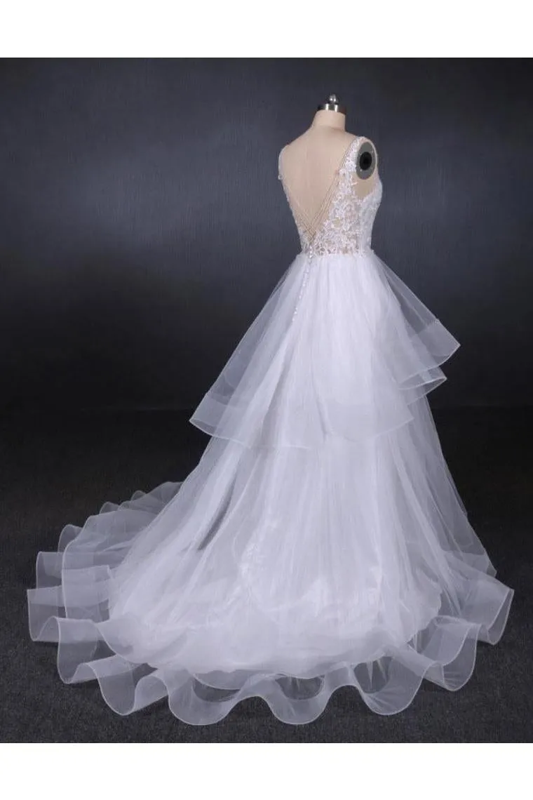 Unique V Neck Sleeveless Tulle Wedding Dresses, Asymmetrical Long Bridal Dresses