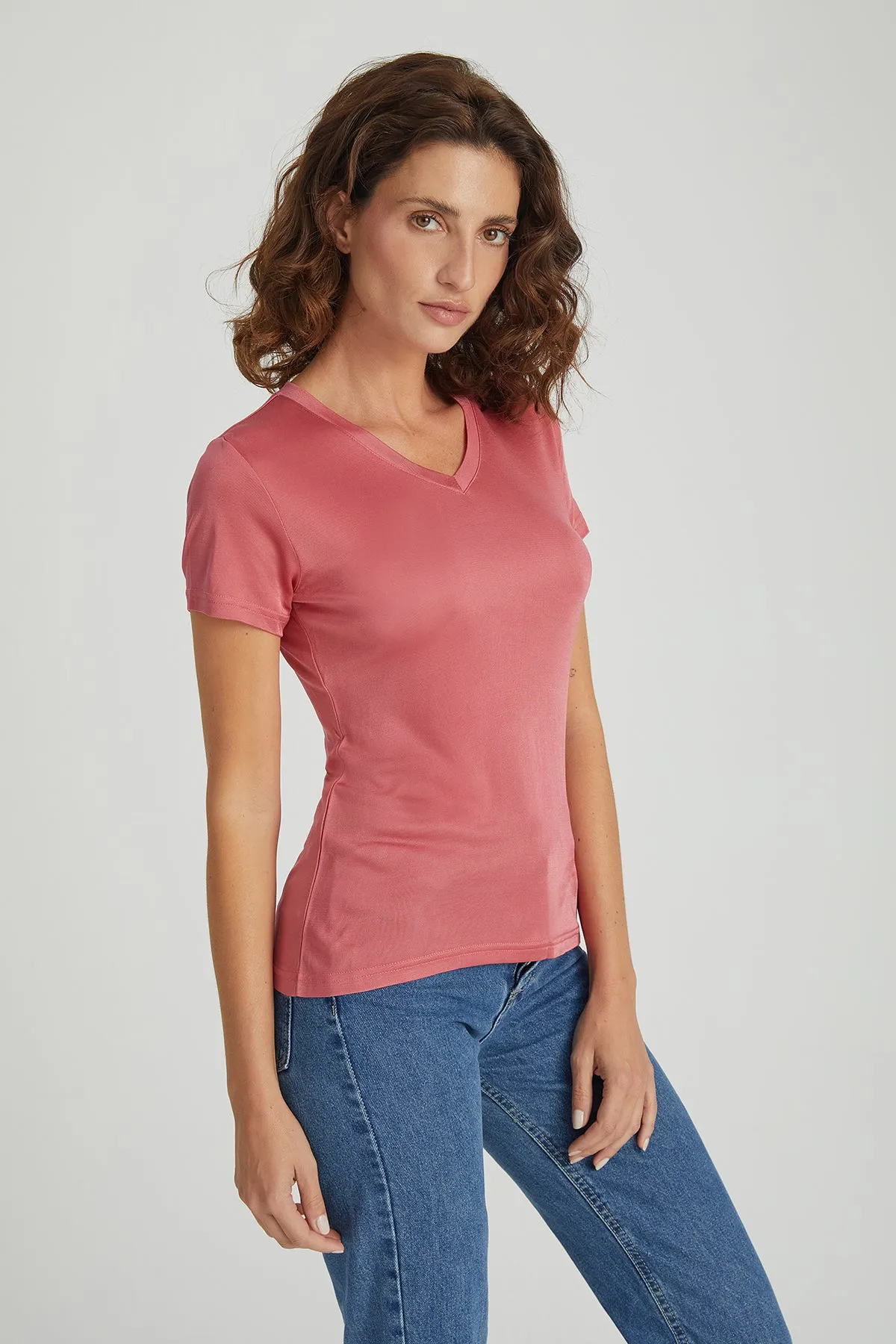 Watermelon Marina Silk-Blend V-Neck Short-Sleeve T-Shirt