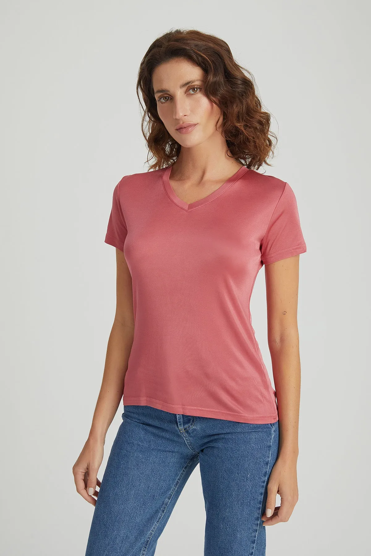 Watermelon Marina Silk-Blend V-Neck Short-Sleeve T-Shirt