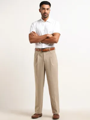 WES Formals Beige Relaxed-Fit Mid-Rise Trousers