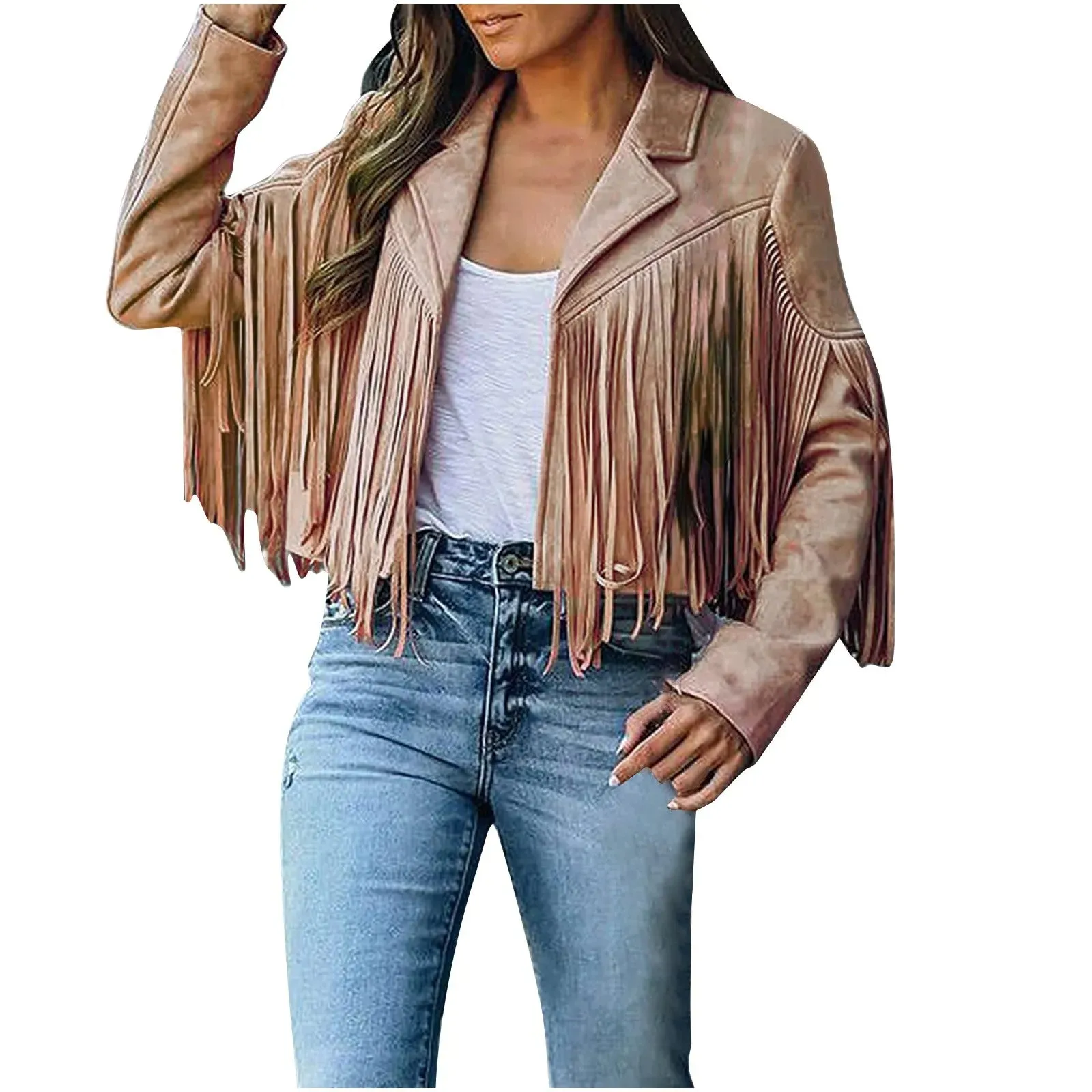 Women Fringed Hem Tassel Cardigan Crop Tops E-girl Motor Biker Jacket Vintage Street wear Coat Cool