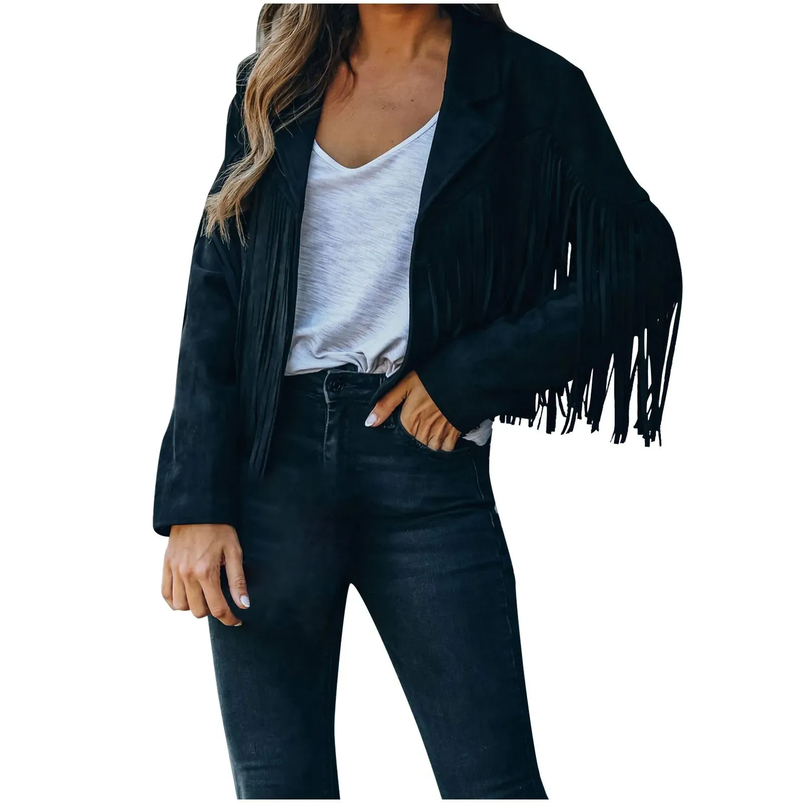 Women Fringed Hem Tassel Cardigan Crop Tops E-girl Motor Biker Jacket Vintage Street wear Coat Cool