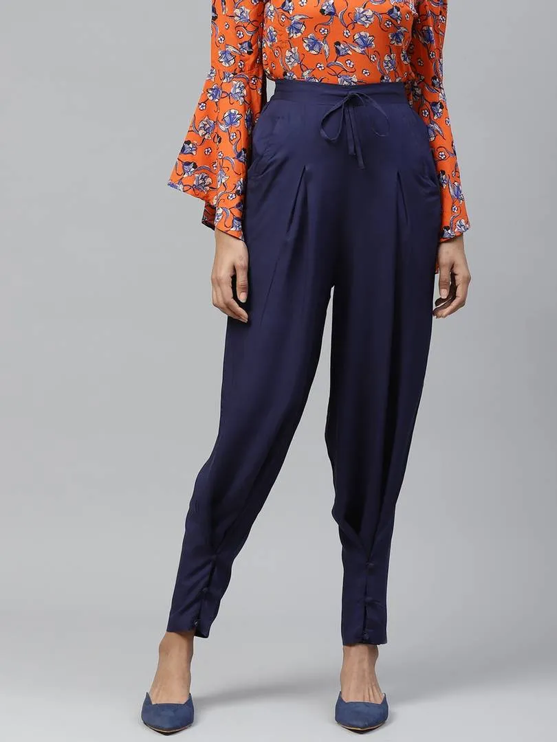 Women Navy Blue Relaxed Regular Fit Solid Trousers