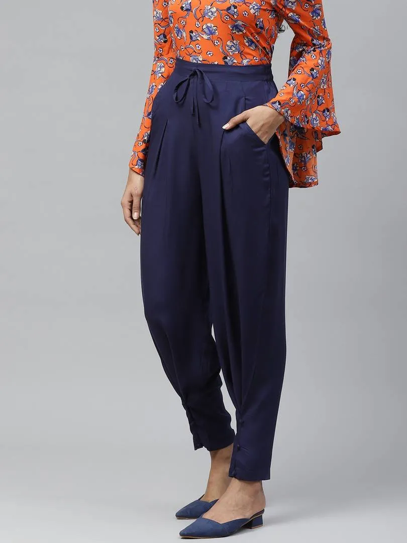 Women Navy Blue Relaxed Regular Fit Solid Trousers