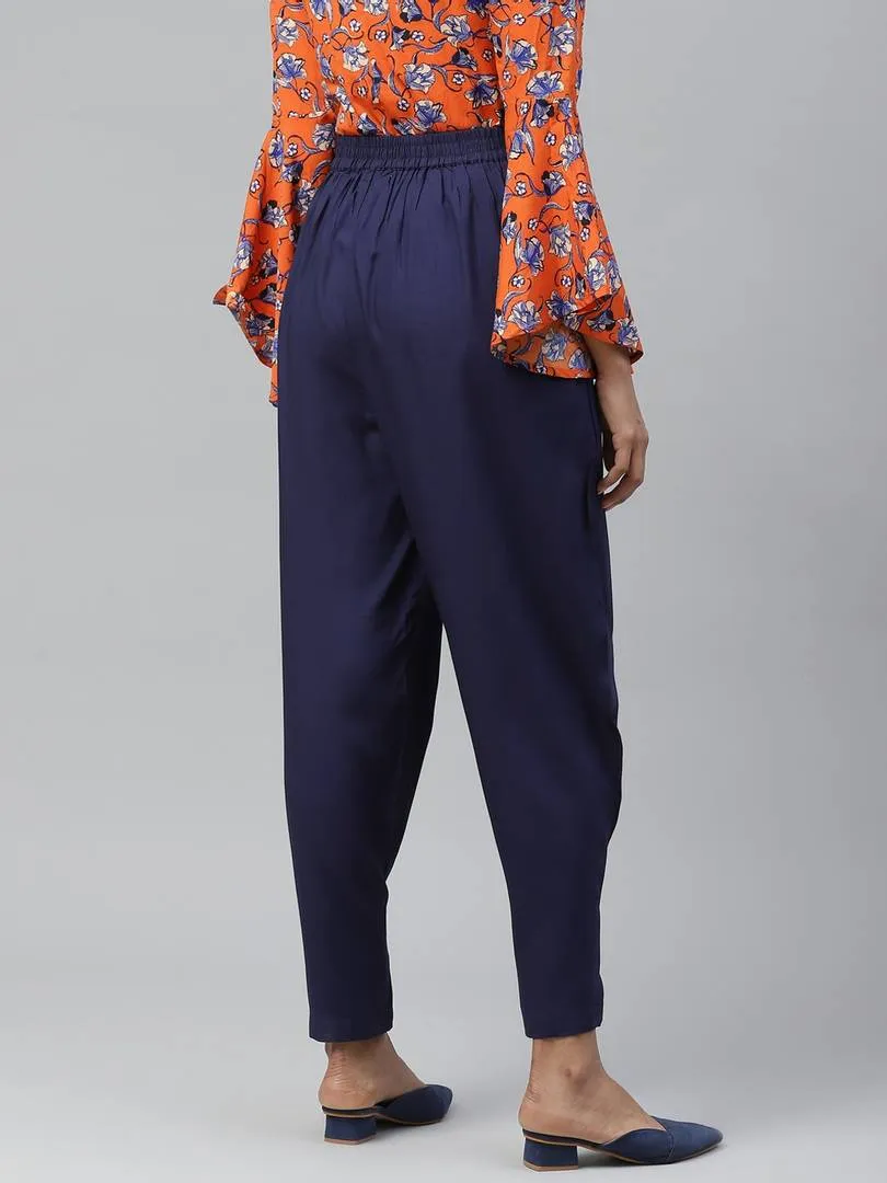 Women Navy Blue Relaxed Regular Fit Solid Trousers